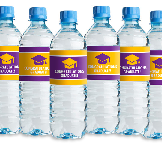 Water bottles with labels that say congratulations graduate