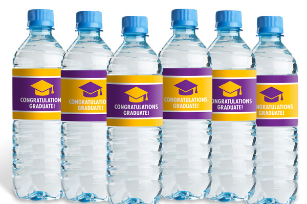 Water bottles with labels that say congratulations graduate