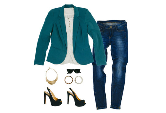 Blue business coat, white blouse, blue jeans, gold jewelry, sunglasses, and black high heels