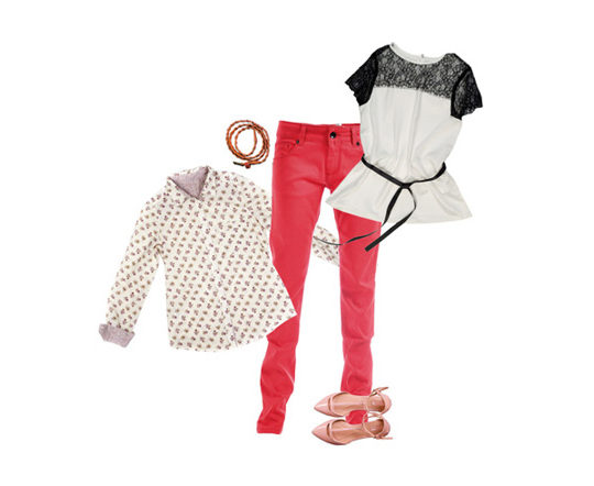 Pink jeans, white button up, white and black blouse, bracelet and pink sandals