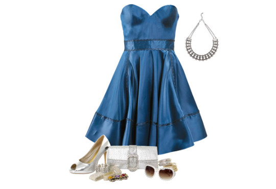 Blue formal dress, silver necklace, silver high heels, silver sunglasses, and silver clutch bag