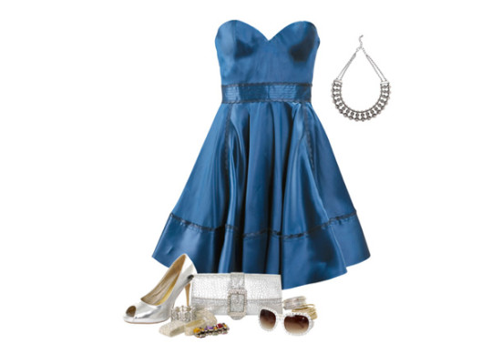 Blue formal dress, silver necklace, silver high heels, silver sunglasses, and silver clutch bag