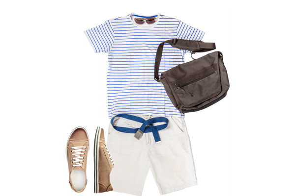 Blue and white striped shirt, khaki shorts, brown messenger bag, blue belt, and brown loafers