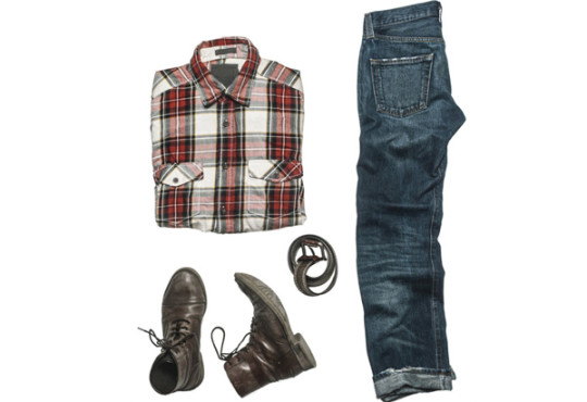 Red and white flannel shirt, blue jeans, black belt, and black boots