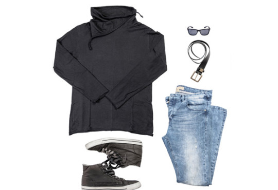 Black sweatshirt, blue jeans, black belt, sunglasses, and black converse shoes