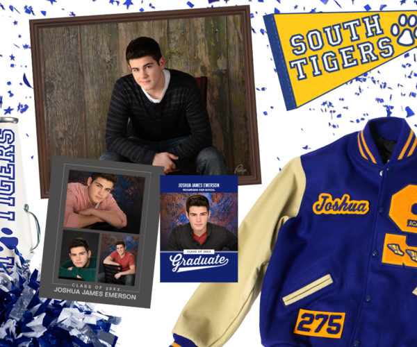 Collage of boy senior photos next to letter jacket and school pennant