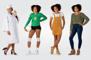 A girl posing in 4 different outfits